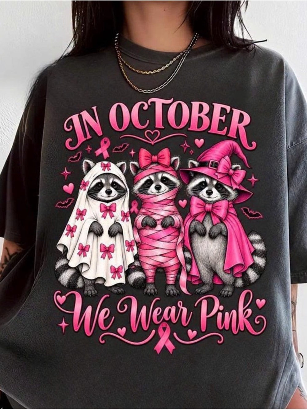 Charcoal Tee with Pink Raccoons Breast Cancer Awareness Graphic